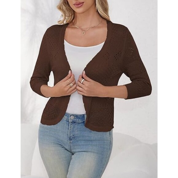 REDHOTYPE Women's XL Coffee 3/4 Sleeve Open Front Crop Shrugs Cardigan Sweater - Picture 2 of 14